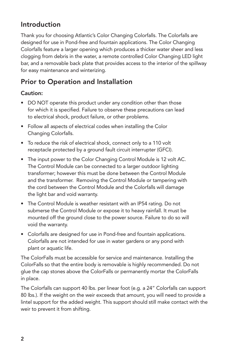 Introduction, Prior to operation and installation | Atlantic Water Gardens 6 Color Changing Colorfalls User Manual | Page 2 / 24