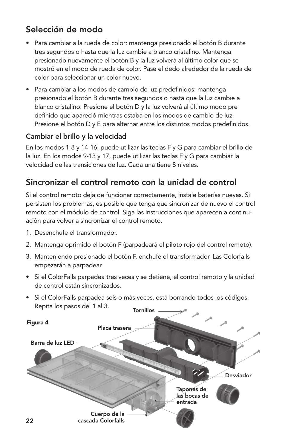Selección de modo | Atlantic Water Gardens 6 Color Changing Colorfalls User Manual | Page 22 / 24