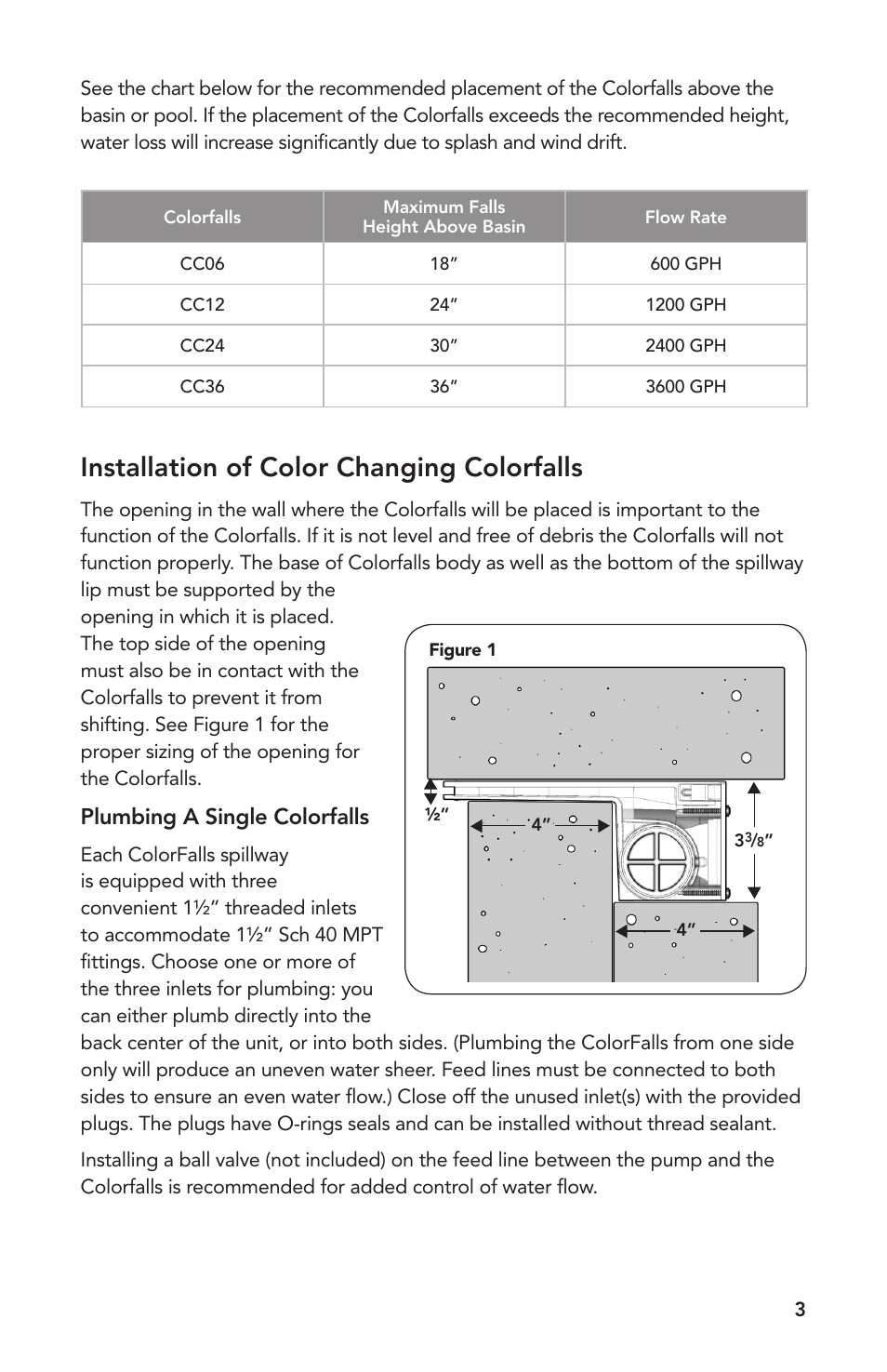 Installation of color changing colorfalls, Plumbing a single colorfalls | Atlantic Water Gardens 6 Color Changing Colorfalls User Manual | Page 3 / 24