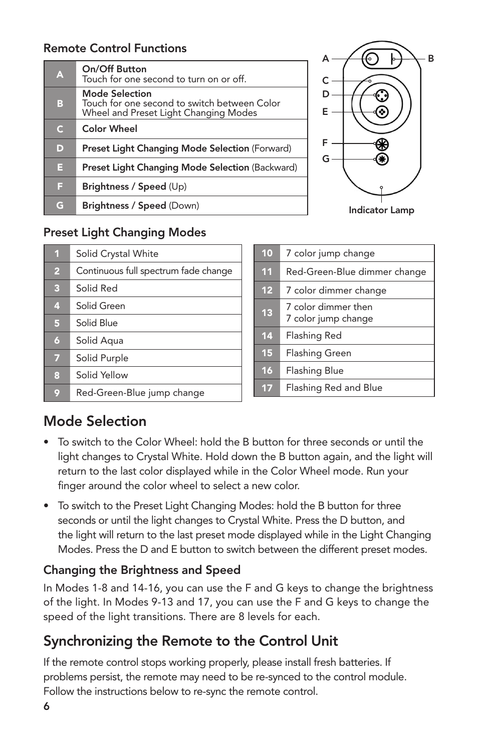 Mode selection, Synchronizing the remote to the control unit, Changing the brightness and speed | Atlantic Water Gardens 6 Color Changing Colorfalls User Manual | Page 6 / 24