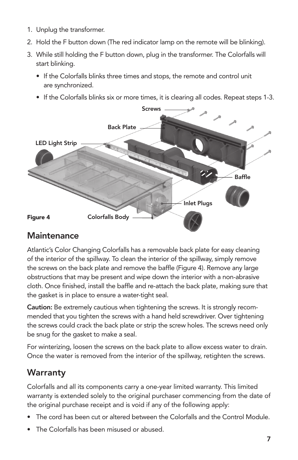 Maintenance, Warranty | Atlantic Water Gardens 6 Color Changing Colorfalls User Manual | Page 7 / 24