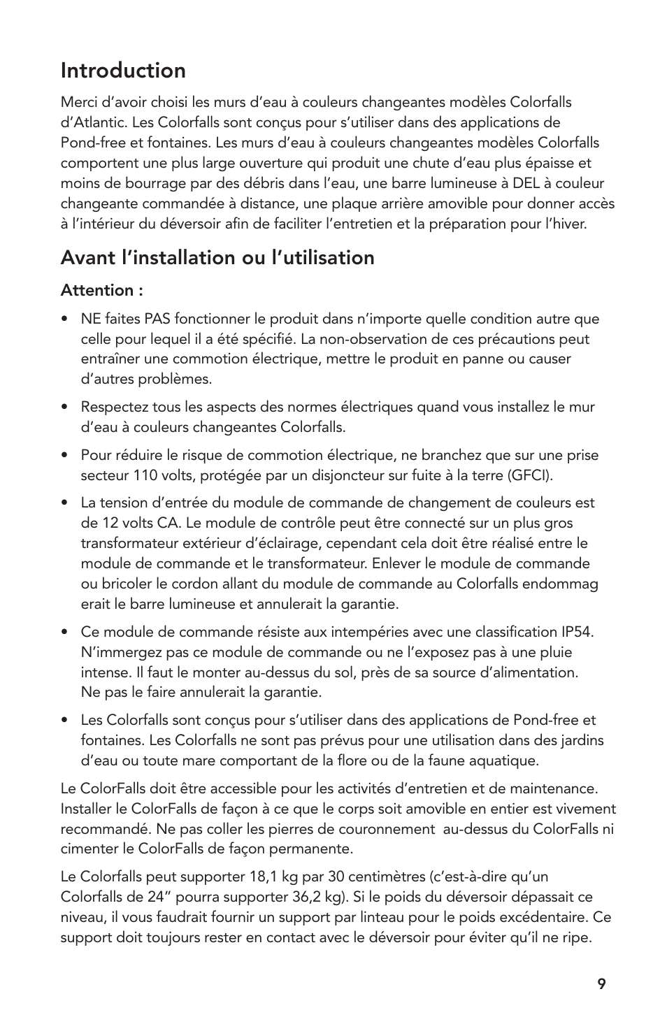 Introduction, Avant l’installation ou l’utilisation | Atlantic Water Gardens 6 Color Changing Colorfalls User Manual | Page 9 / 24