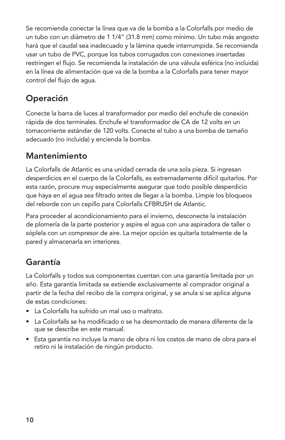 Garantía, Mantenimiento, Operación | Atlantic Water Gardens 12 Colorfalls User Manual | Page 10 / 12