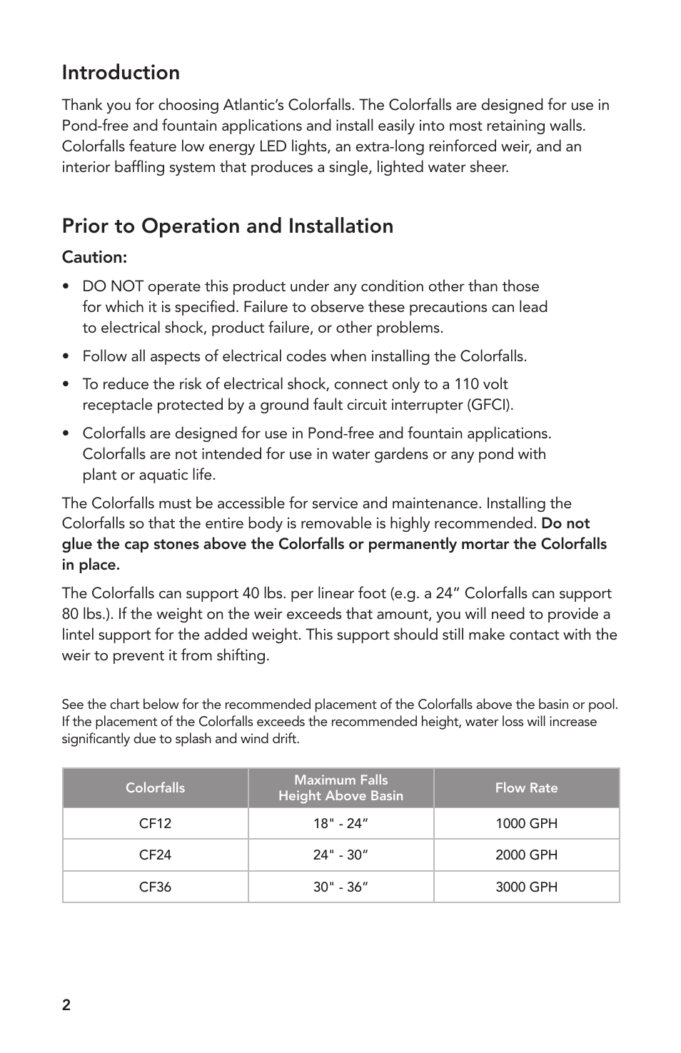 Introduction, Prior to operation and installation | Atlantic Water Gardens 12 Colorfalls User Manual | Page 2 / 12
