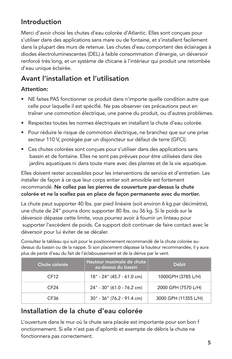 Introduction, Avant l’installation et l’utilisation, Installation de la chute d’eau colorée | Atlantic Water Gardens 12 Colorfalls User Manual | Page 5 / 12