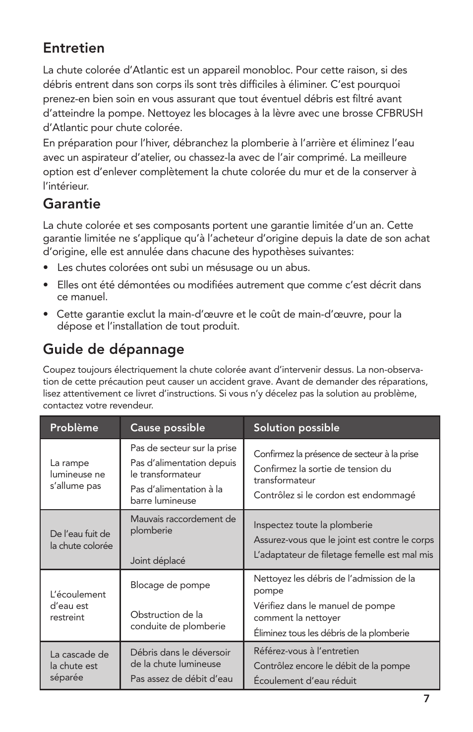 Garantie, Guide de dépannage, Entretien | Atlantic Water Gardens 12 Colorfalls User Manual | Page 7 / 12