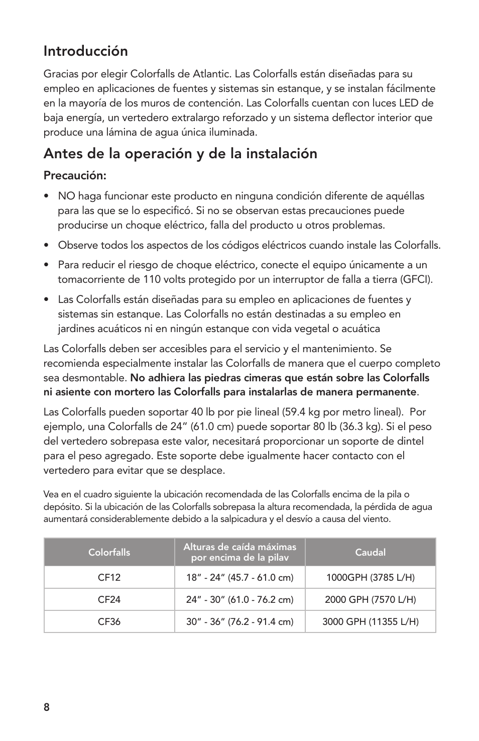 Introducción, Antes de la operación y de la instalación | Atlantic Water Gardens 12 Colorfalls User Manual | Page 8 / 12
