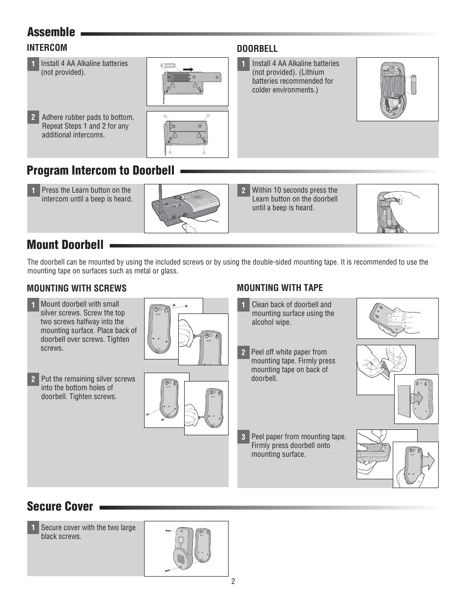Assemble, Program intercom to doorbell, Mount doorbell | Secure cover, Doorbell, Mounting with screws, Mounting with tape, Intercom | Chamberlain NDIS User Manual | Page 2 / 4