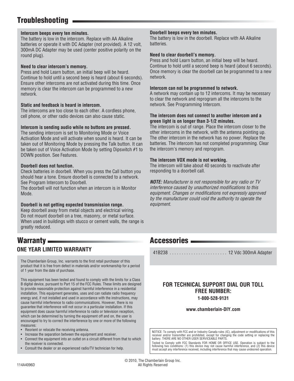 Troubleshooting, Warranty, Accessories | Troubleshooting warranty accessories | Chamberlain NDIS User Manual | Page 4 / 4