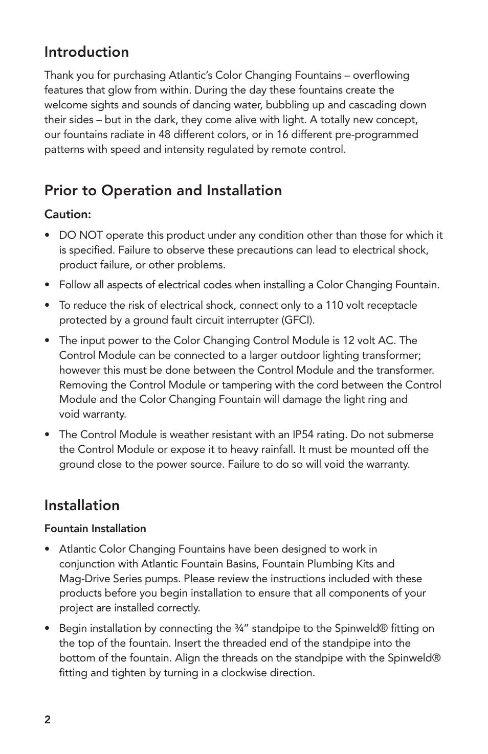 Introduction, Prior to operation and installation, Installation | Atlantic Water Gardens 18 Color Changing Vase User Manual | Page 2 / 8