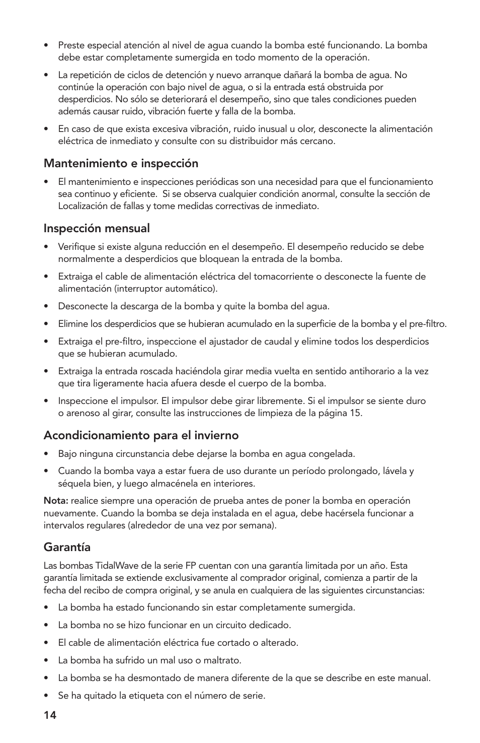 Mantenimiento e inspección, Inspección mensual, Acondicionamiento para el invierno | Garantía | Atlantic Water Gardens FP100 User Manual | Page 14 / 16