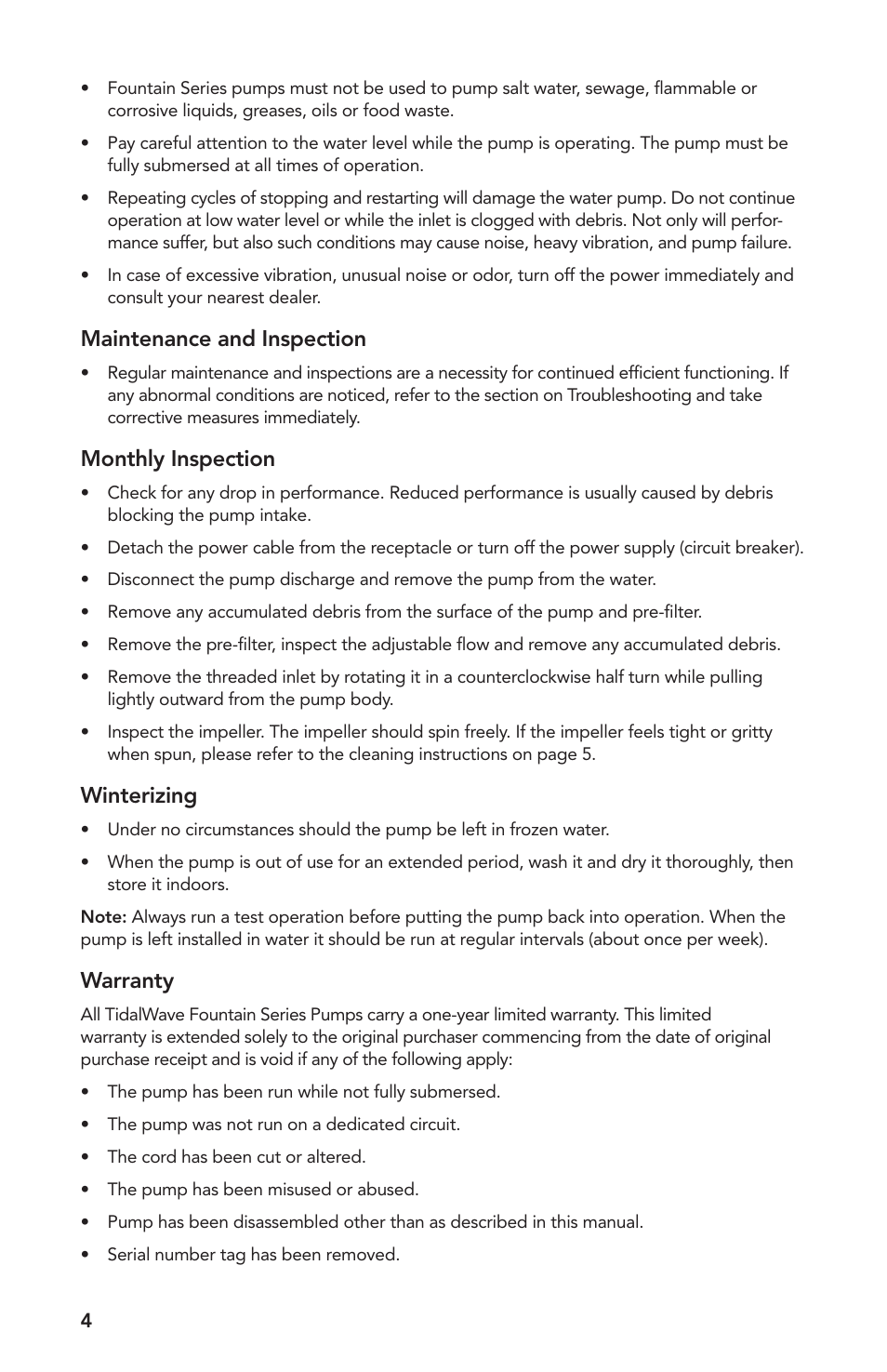 Maintenance and inspection, Monthly inspection, Winterizing | Warranty | Atlantic Water Gardens FP100 User Manual | Page 4 / 16