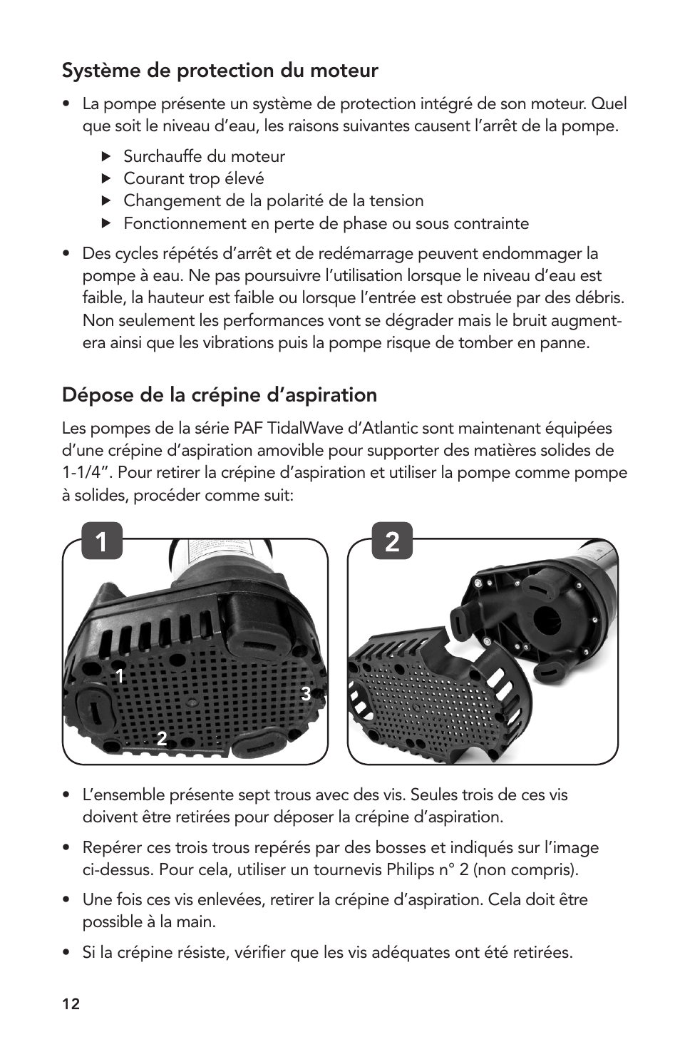 Système de protection du moteur, Dépose de la crépine d’aspiration | Atlantic Water Gardens PAF-20 User Manual | Page 12 / 24