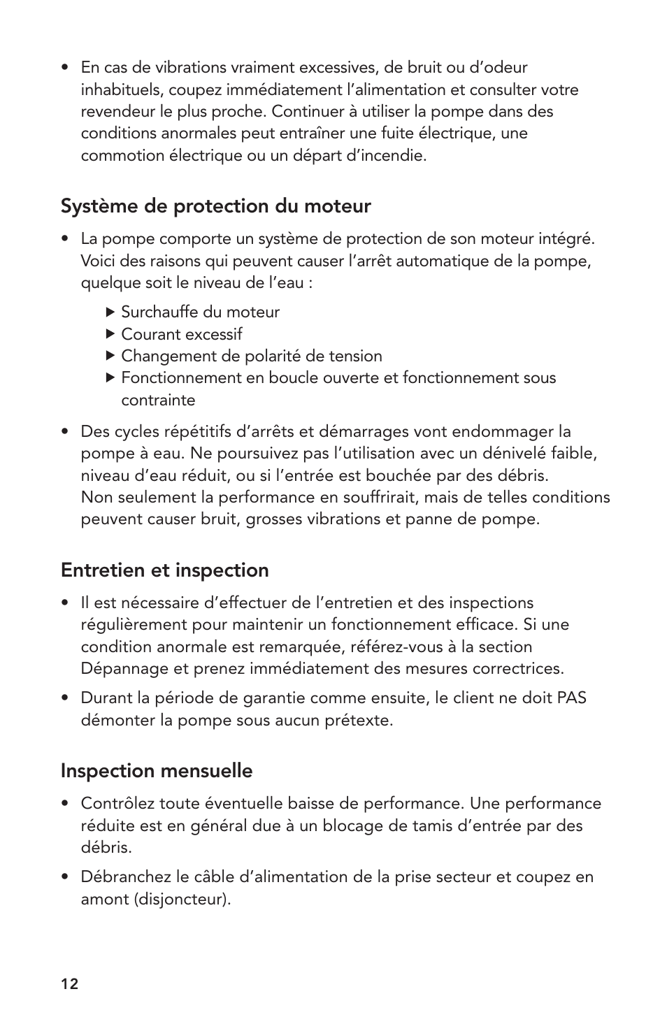 Système de protection du moteur, Entretien et inspection, Inspection mensuelle | Atlantic Water Gardens A-05 User Manual | Page 12 / 24