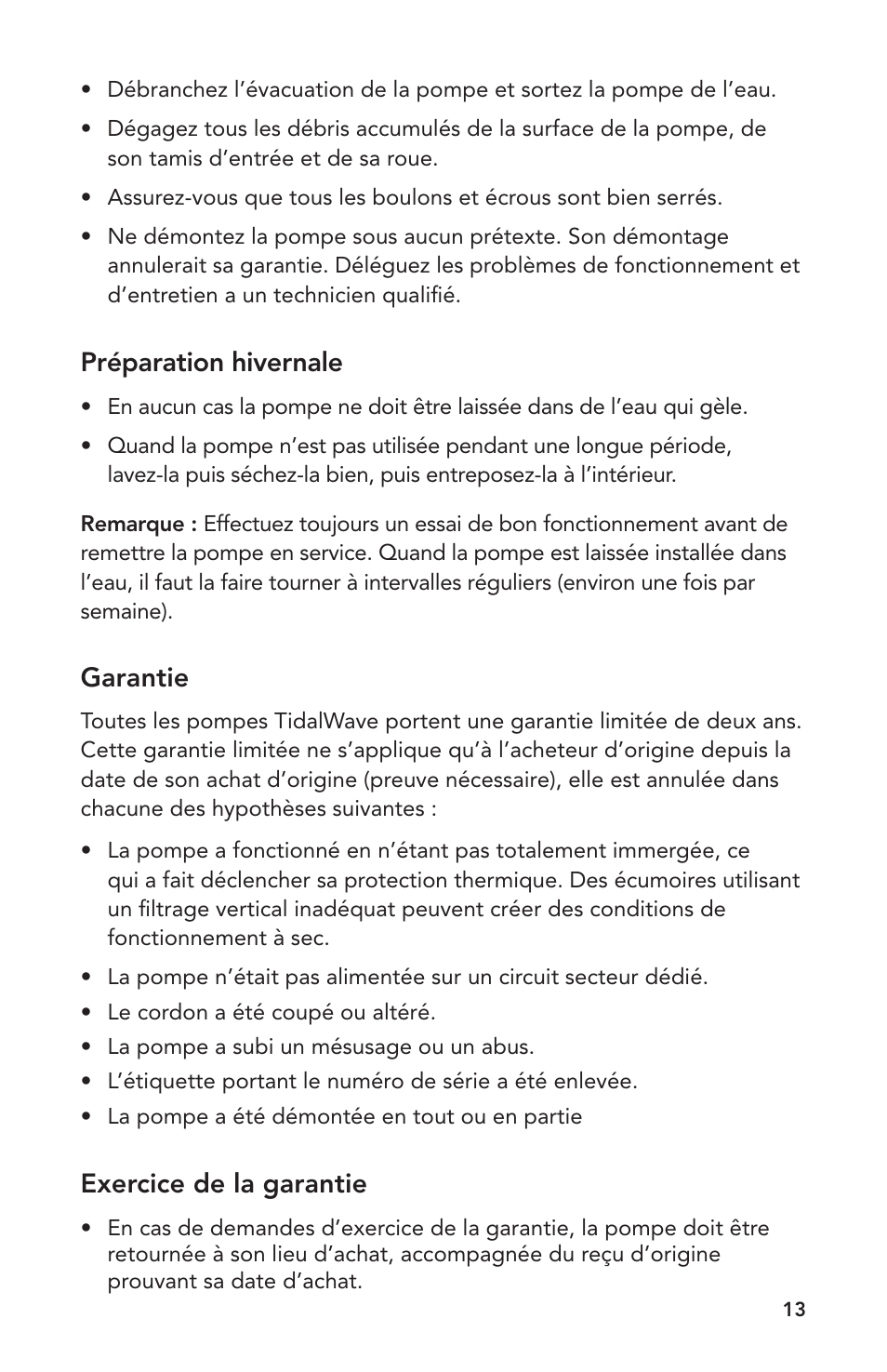 Préparation hivernale, Garantie, Exercice de la garantie | Atlantic Water Gardens A-05 User Manual | Page 13 / 24