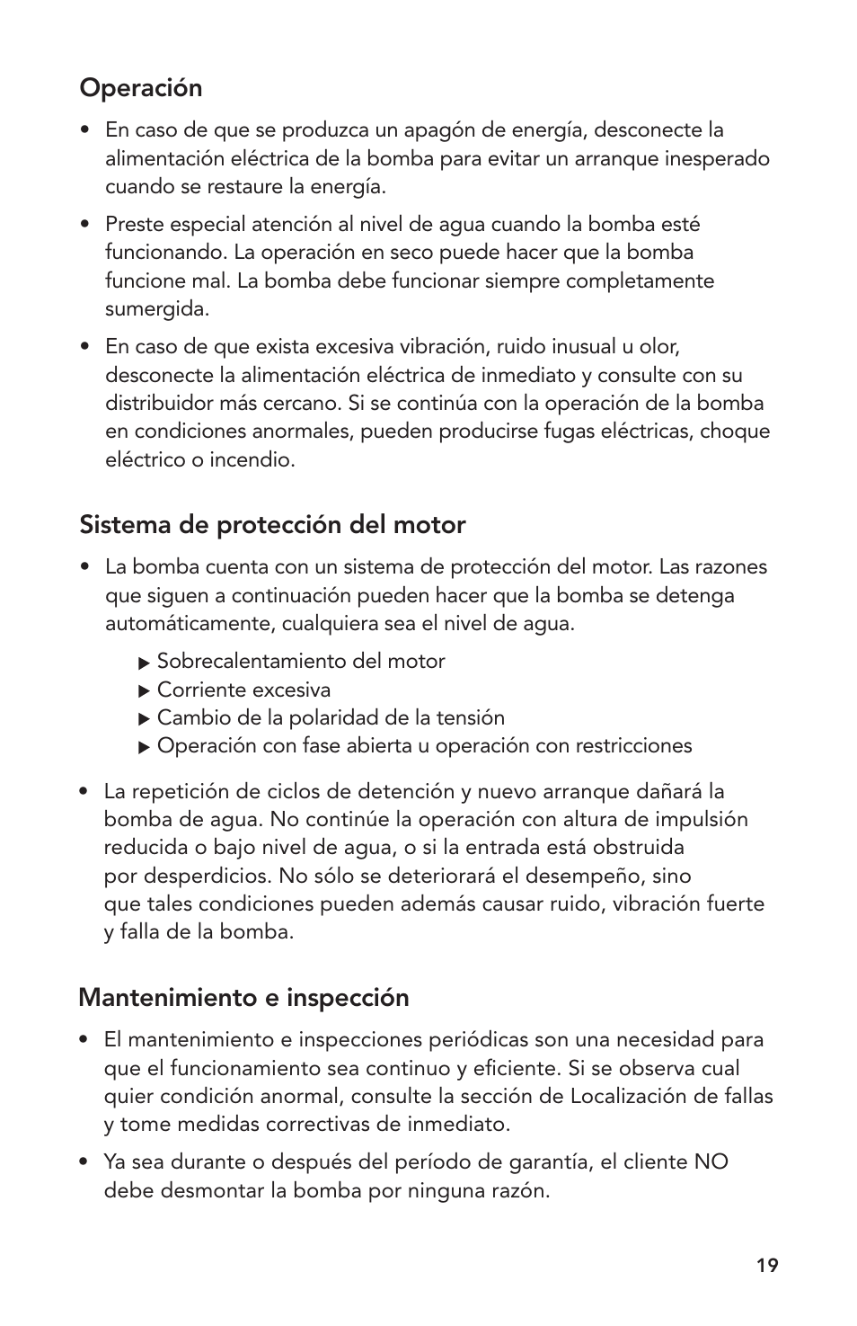 Mantenimiento e inspección, Operación, Sistema de protección del motor | Atlantic Water Gardens A-05 User Manual | Page 19 / 24