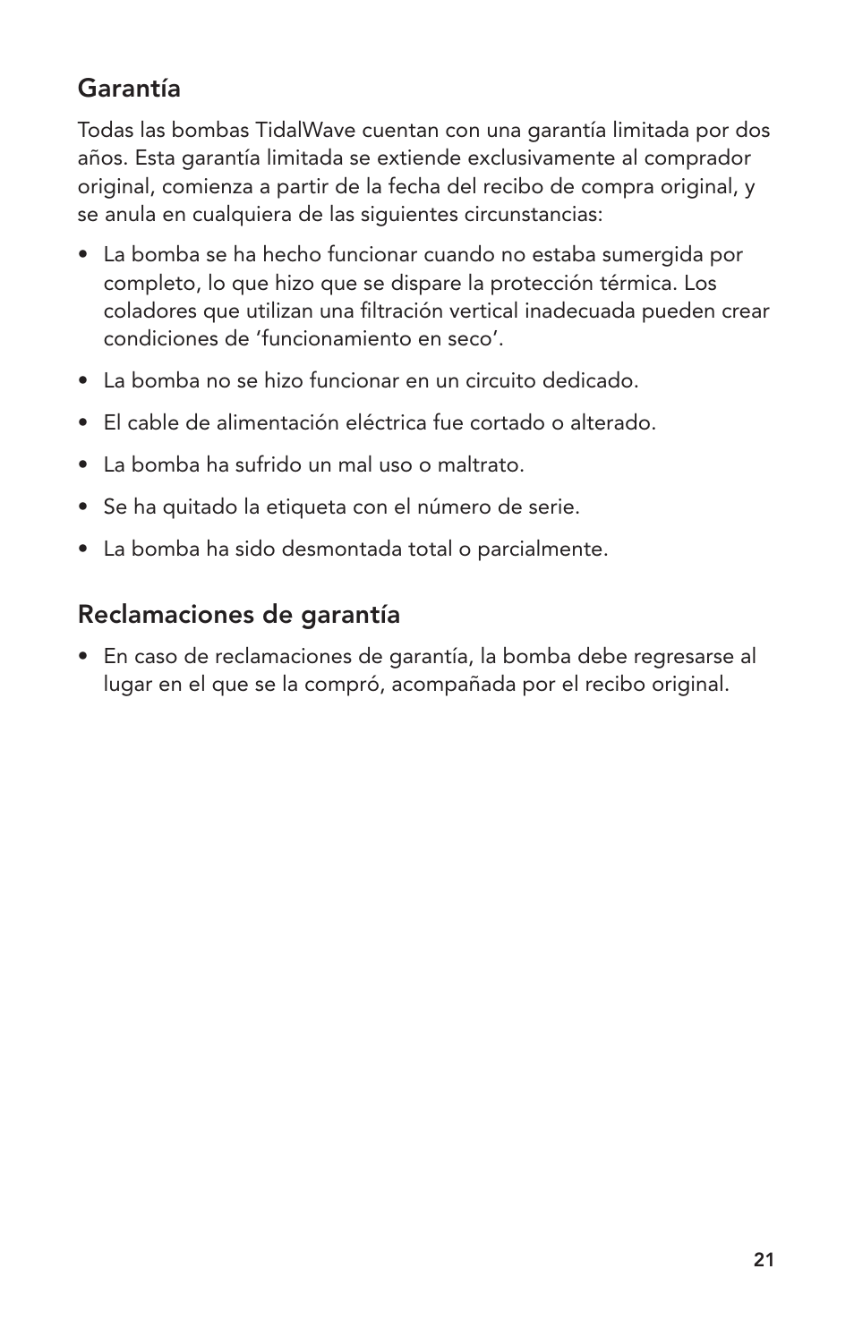 Garantía, Reclamaciones de garantía | Atlantic Water Gardens A-05 User Manual | Page 21 / 24