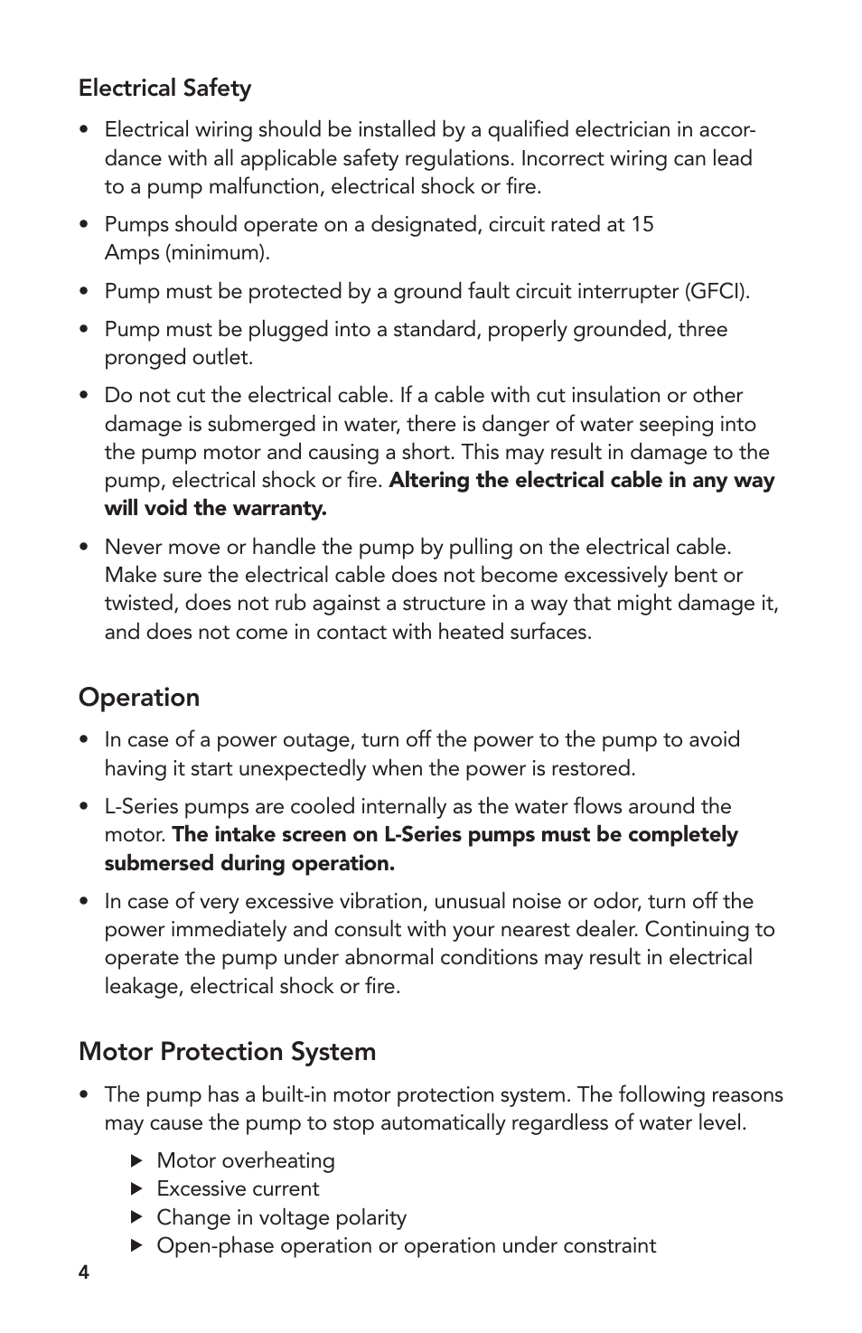 Operation, Motor protection system | Atlantic Water Gardens L-305 User Manual | Page 4 / 8