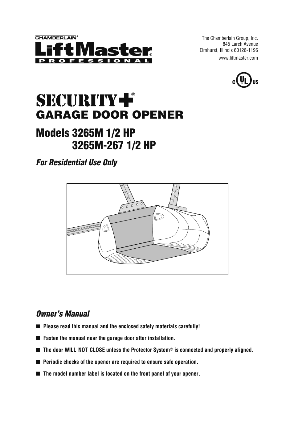 Chamberlain SECURITY+ 3265M-267 1/2 HP User Manual | 36 pages