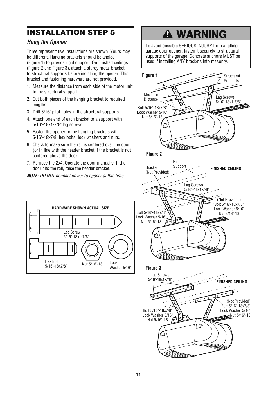 Step 5 hang the opener, Installation step 5, Hang the opener | Chamberlain SECURITY+ 3265M-267 1/2 HP User Manual | Page 11 / 36