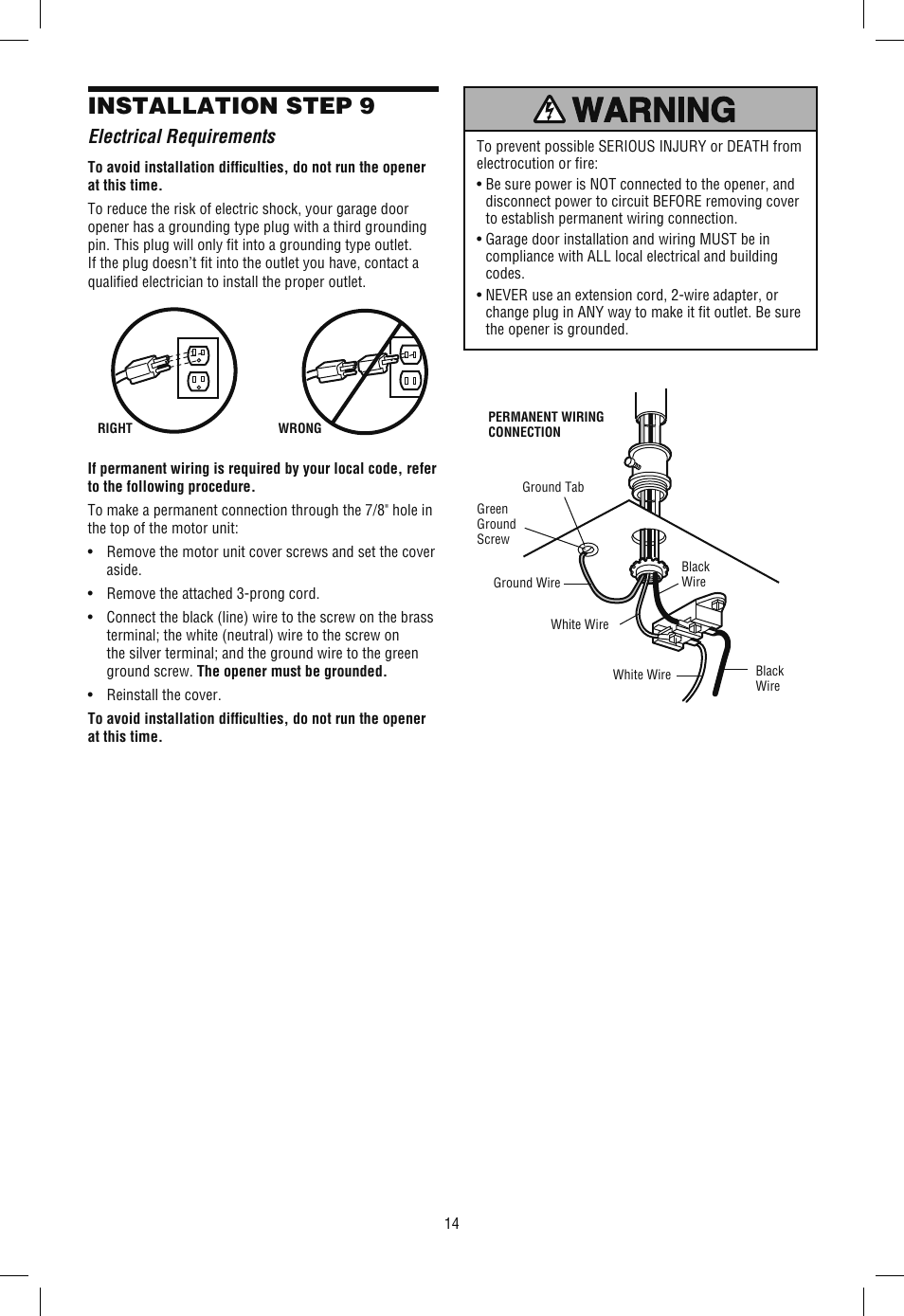 Step 9 electrical requirements, Installation step 9, Electrical requirements | Chamberlain SECURITY+ 3265M-267 1/2 HP User Manual | Page 14 / 36