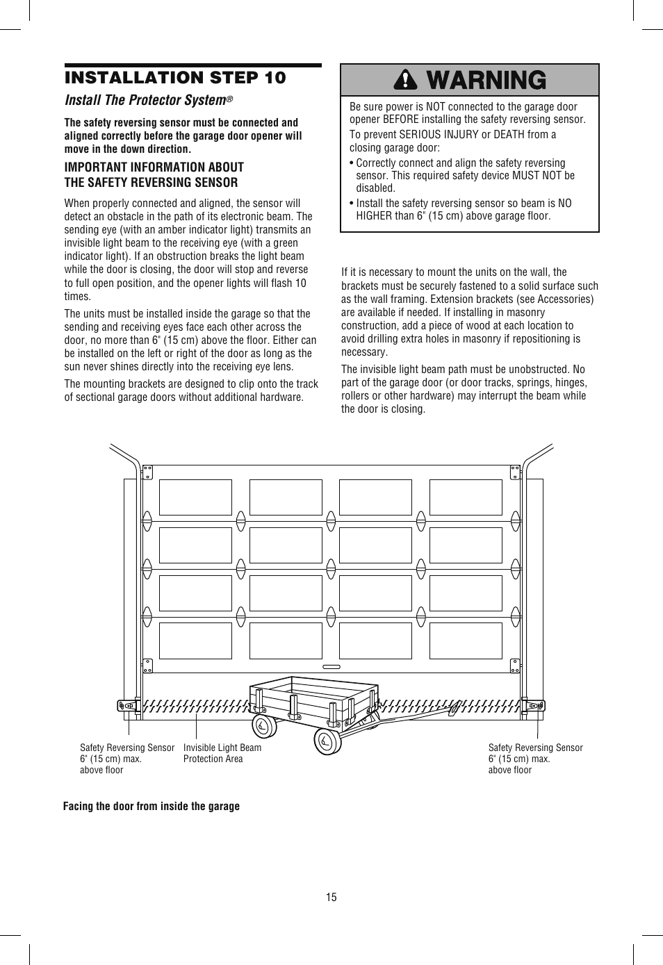 Step 10 install the protector system, Installation step 10, Install the protector system | Chamberlain SECURITY+ 3265M-267 1/2 HP User Manual | Page 15 / 36