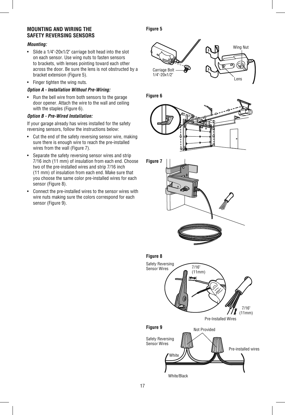 Mounting and wiring the safety reversing sensors | Chamberlain SECURITY+ 3265M-267 1/2 HP User Manual | Page 17 / 36