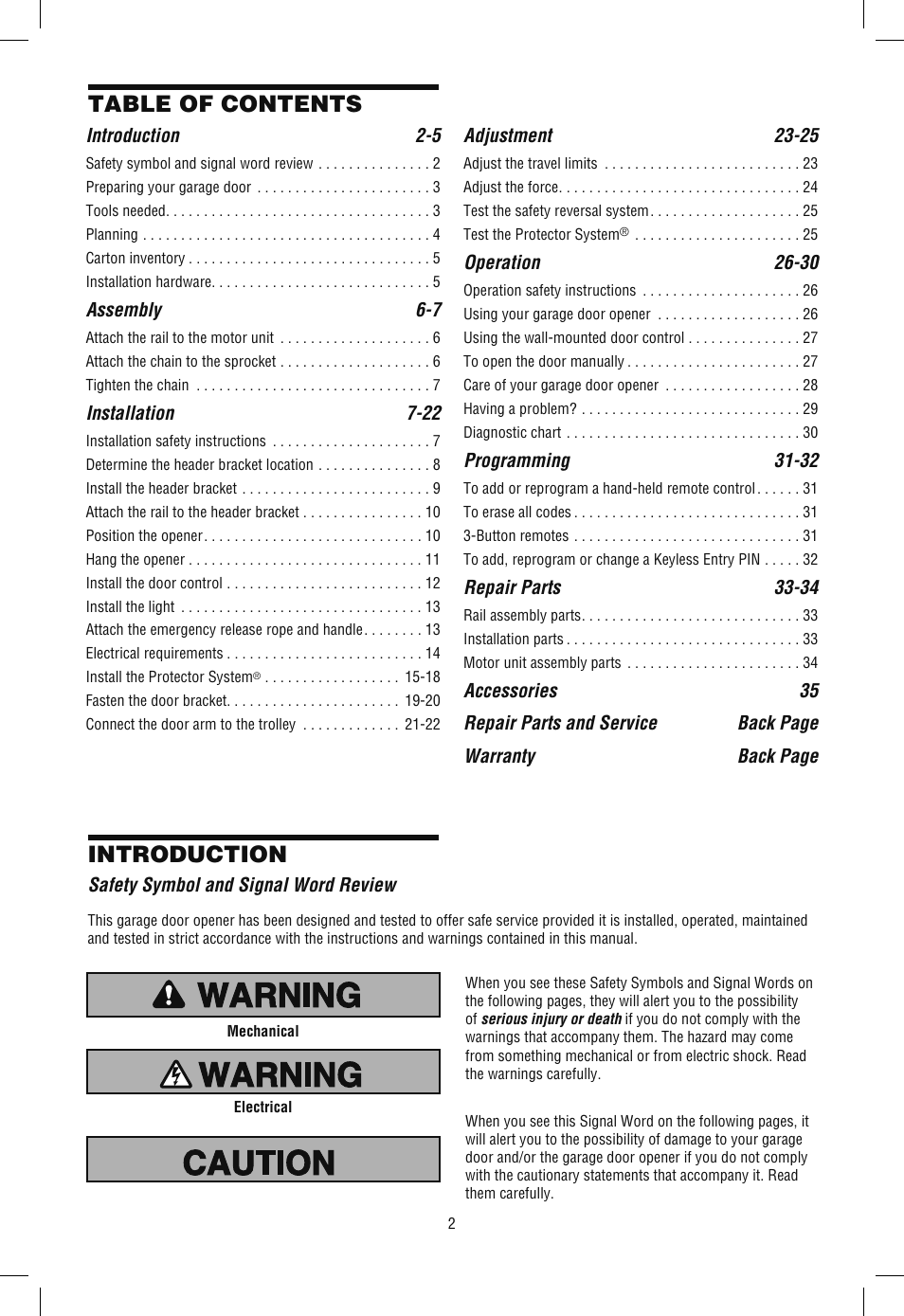 Chamberlain SECURITY+ 3265M-267 1/2 HP User Manual | Page 2 / 36