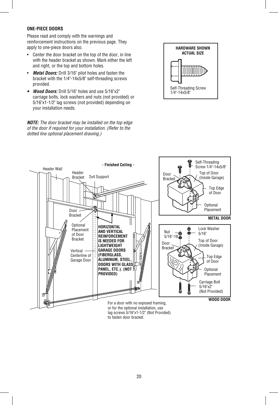One-piece doors | Chamberlain SECURITY+ 3265M-267 1/2 HP User Manual | Page 20 / 36