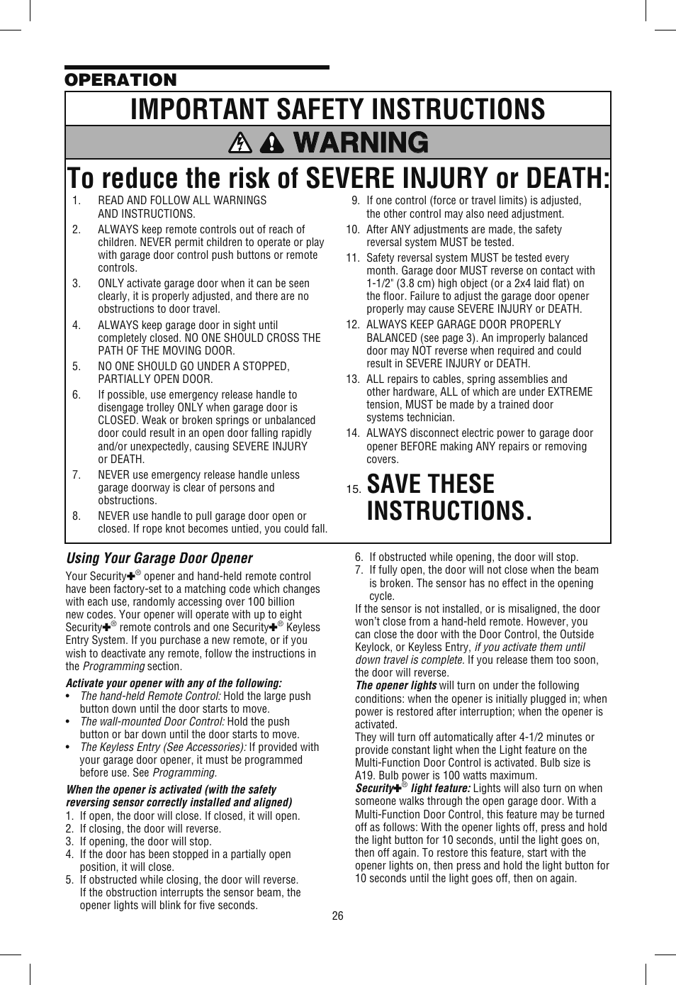 Operation, Using your garage door opener, Save these instructions | Chamberlain SECURITY+ 3265M-267 1/2 HP User Manual | Page 26 / 36