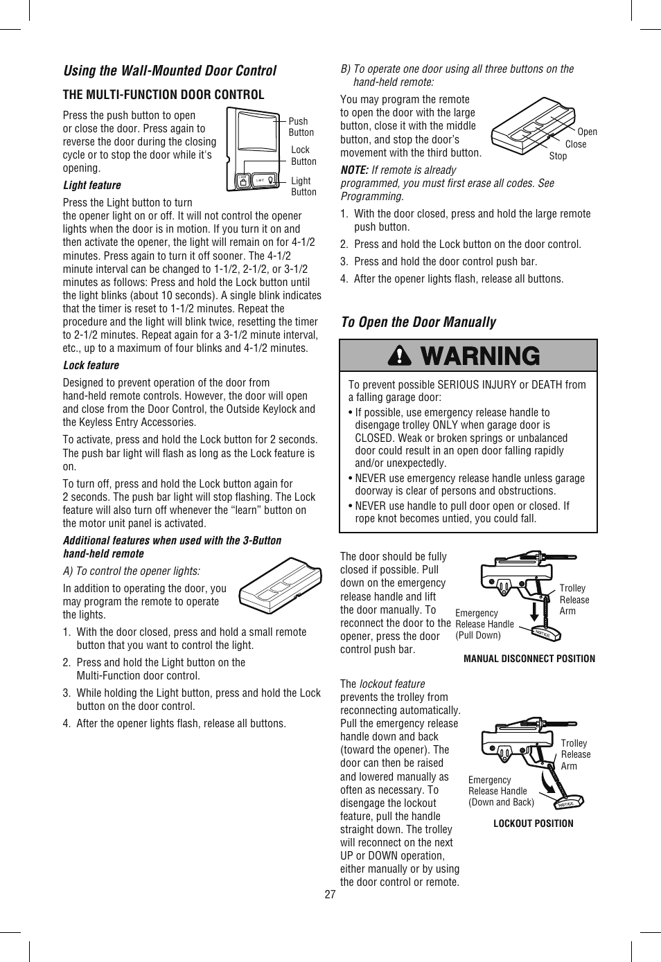 Using the wall-mounted door control, To open the door manually | Chamberlain SECURITY+ 3265M-267 1/2 HP User Manual | Page 27 / 36