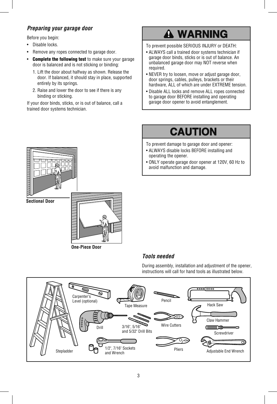 Preparing your garage door, Tools needed | Chamberlain SECURITY+ 3265M-267 1/2 HP User Manual | Page 3 / 36