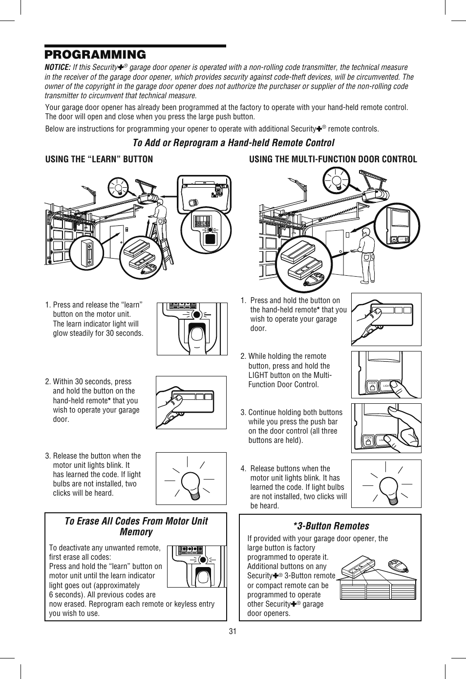 Programming, To erase all codes from motor unit memory, Button remotes | Chamberlain SECURITY+ 3265M-267 1/2 HP User Manual | Page 31 / 36