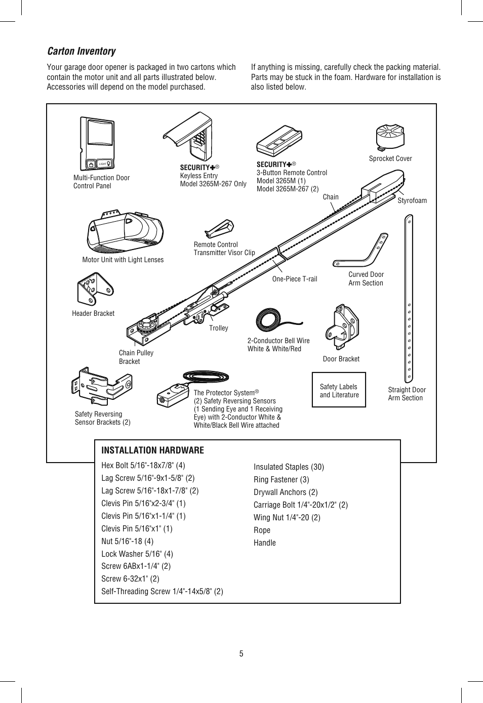 Carton inventory, Installation hardware | Chamberlain SECURITY+ 3265M-267 1/2 HP User Manual | Page 5 / 36
