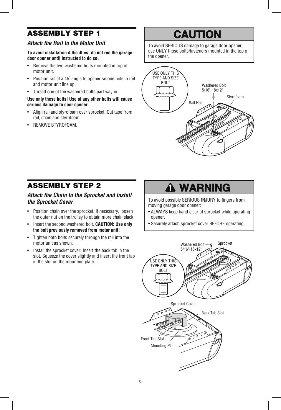 Assembly, Step 1 attach the rail to the motor unit, Assembly step 1 | Assembly step 2, Attach the rail to the motor unit | Chamberlain SECURITY+ 3265M-267 1/2 HP User Manual | Page 6 / 36