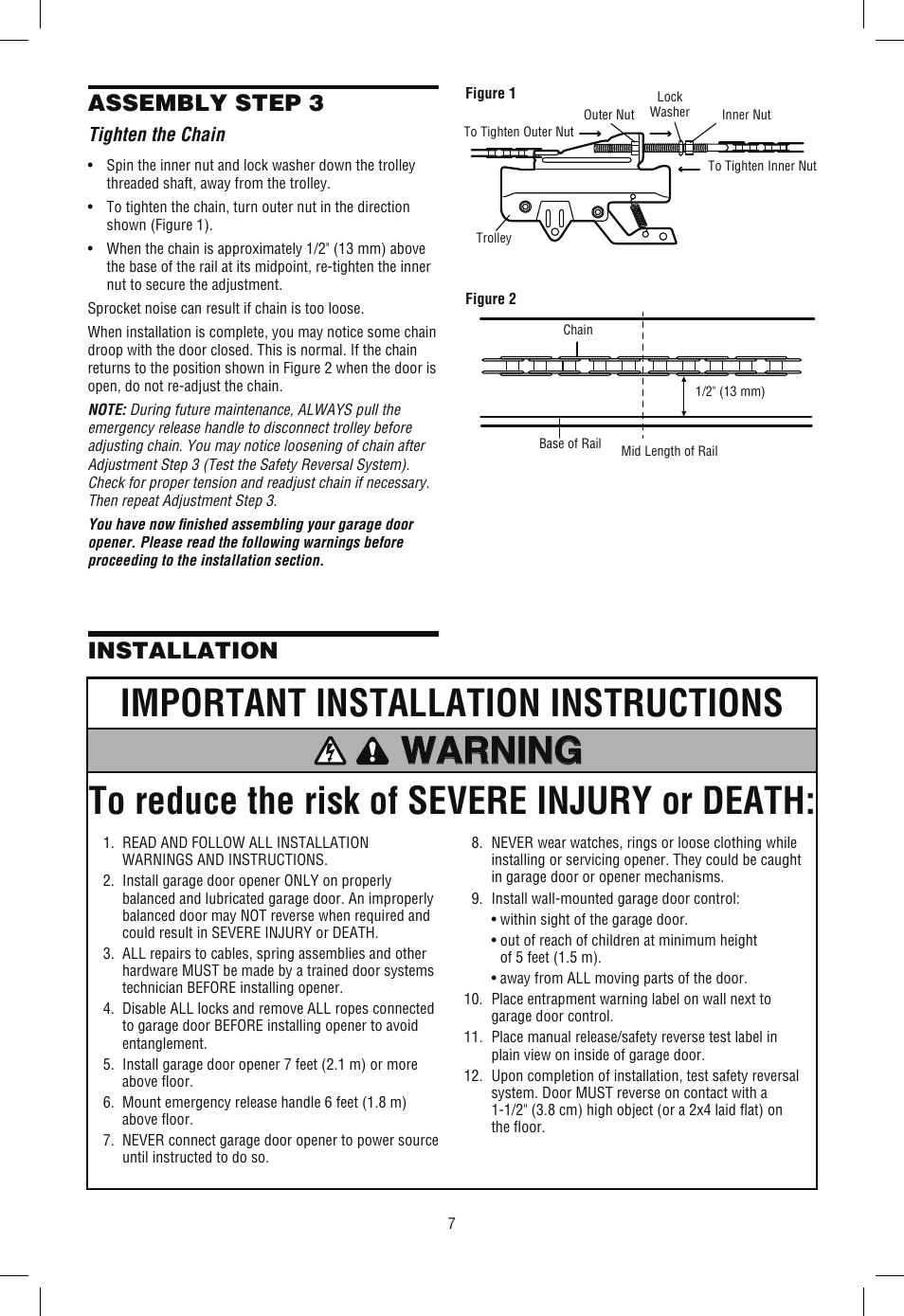 Step 3 tighten the chain, Installation, Installation assembly step 3 | Chamberlain SECURITY+ 3265M-267 1/2 HP User Manual | Page 7 / 36