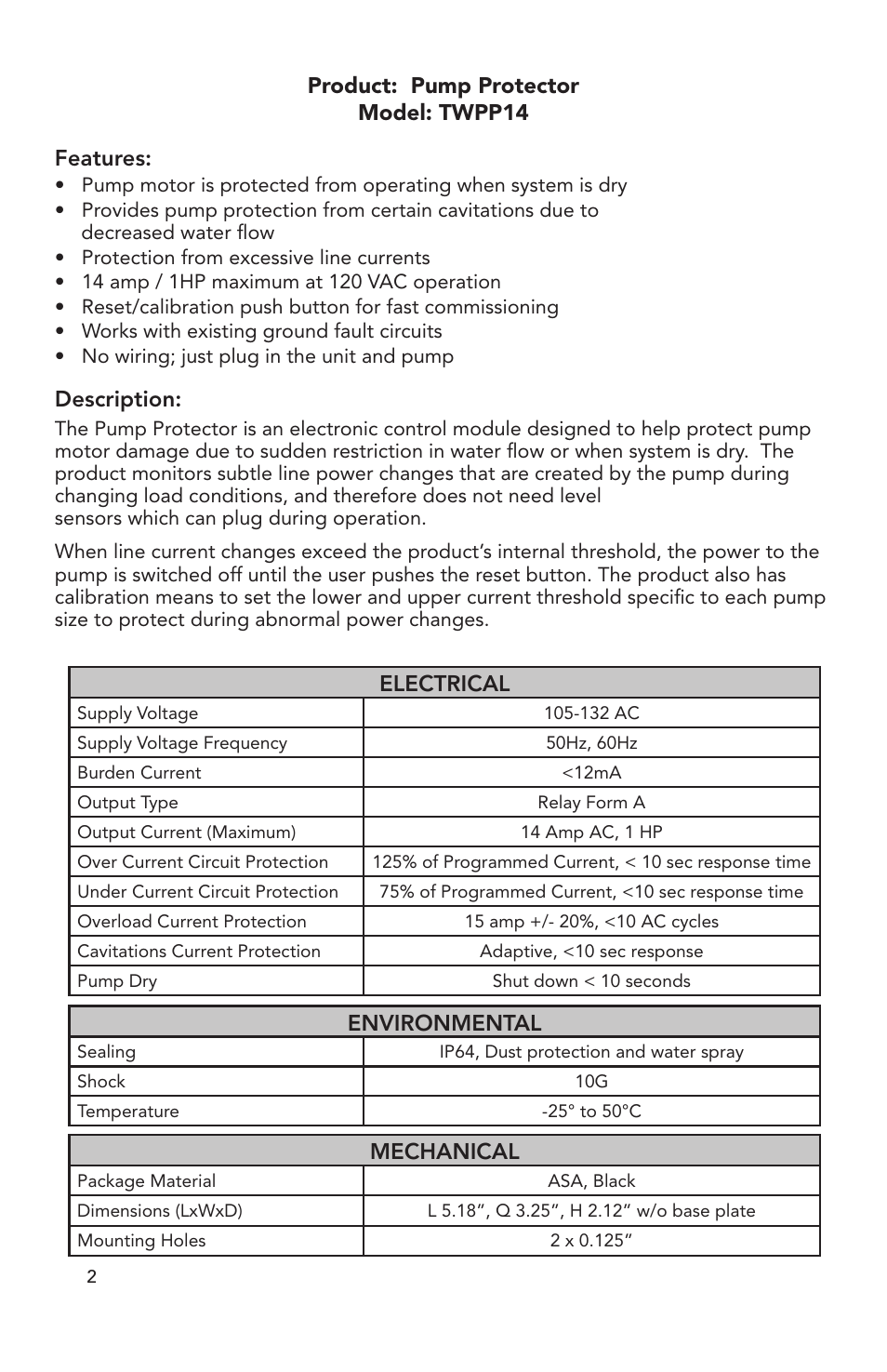 Product: pump protector model: twpp14 features, Description, Mechanical | Electrical, Environmental | Atlantic Water Gardens TidalWave Pump Protector User Manual | Page 2 / 4