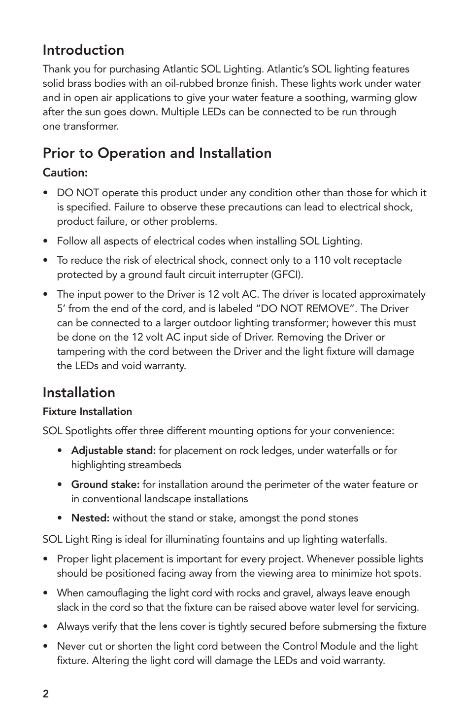 Introduction, Prior to operation and installation, Installation | Atlantic Water Gardens SOLW2 User Manual | Page 2 / 12