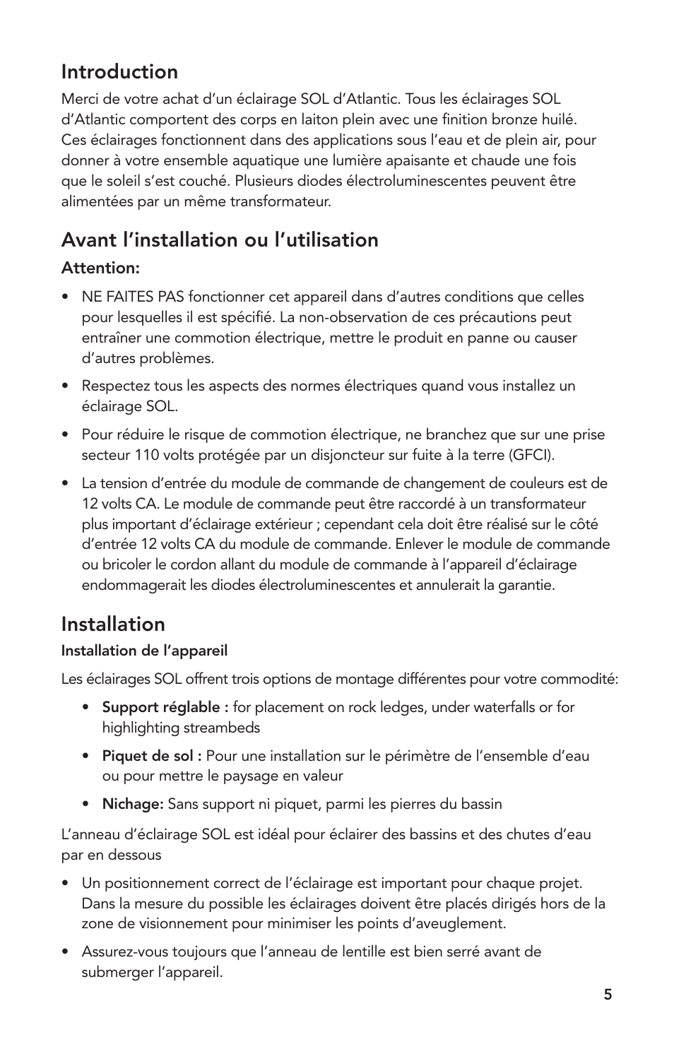 Introduction, Avant l’installation ou l’utilisation, Installation | Atlantic Water Gardens SOLW2 User Manual | Page 5 / 12