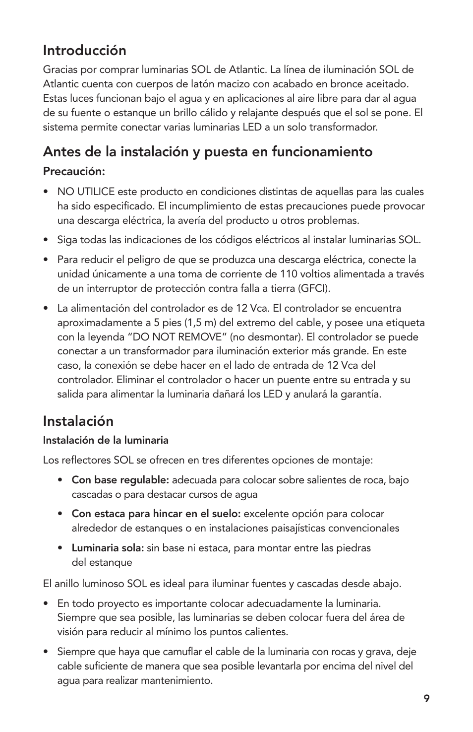 Introducción, Antes de la instalación y puesta en funcionamiento, Instalación | Atlantic Water Gardens SOLW2 User Manual | Page 9 / 12