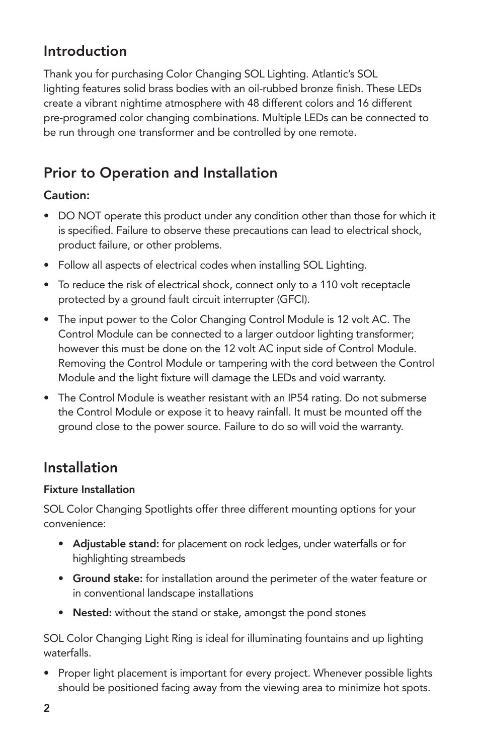 Introduction, Prior to operation and installation, Installation | Atlantic Water Gardens SOLCC2 User Manual | Page 2 / 20