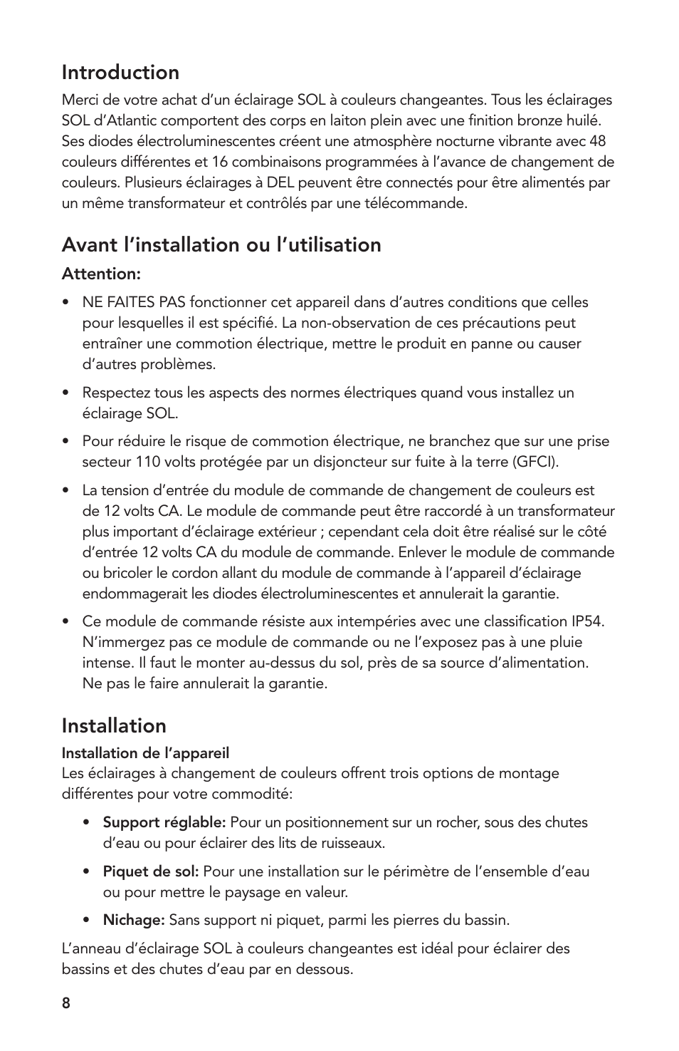 Introduction, Avant l’installation ou l’utilisation, Installation | Atlantic Water Gardens SOLCC2 User Manual | Page 8 / 20