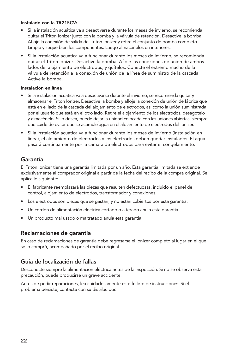 Garantía, Reclamaciones de garantía, Guía de localización de fallas | Atlantic Water Gardens TRION2 User Manual | Page 22 / 24