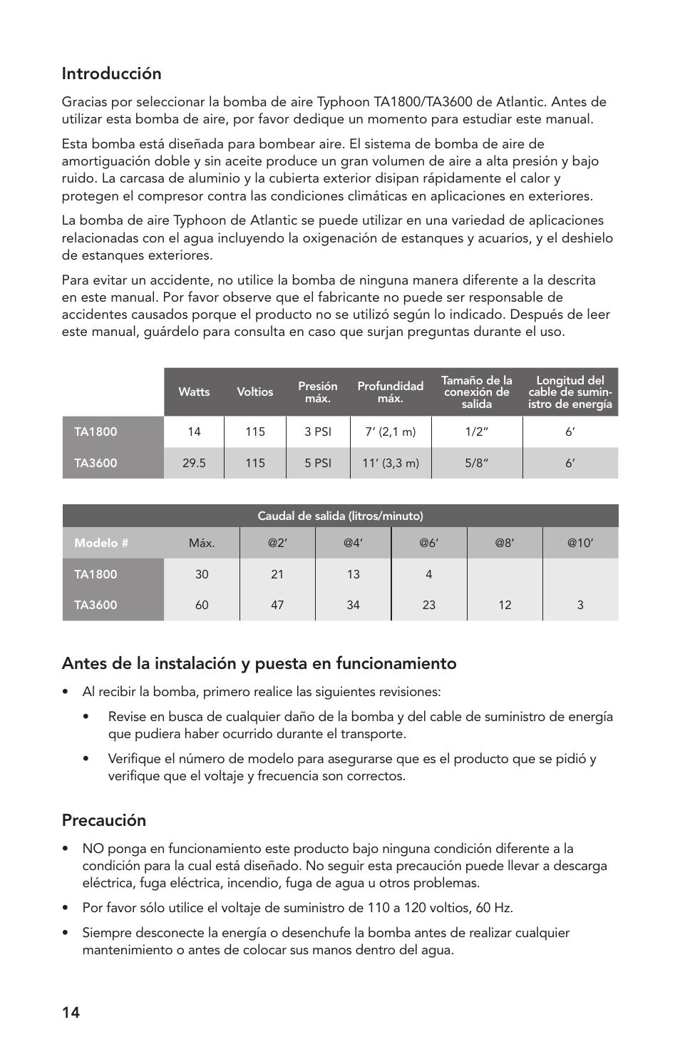 Introducción, Antes de la instalación y puesta en funcionamiento, Precaución | Atlantic Water Gardens TA1800 User Manual | Page 14 / 20