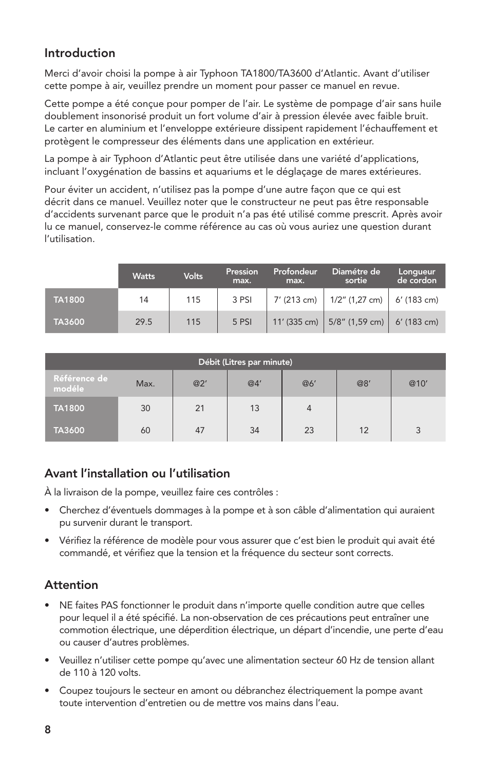 Introduction, Avant l’installation ou l’utilisation, Attention | Atlantic Water Gardens TA1800 User Manual | Page 8 / 20