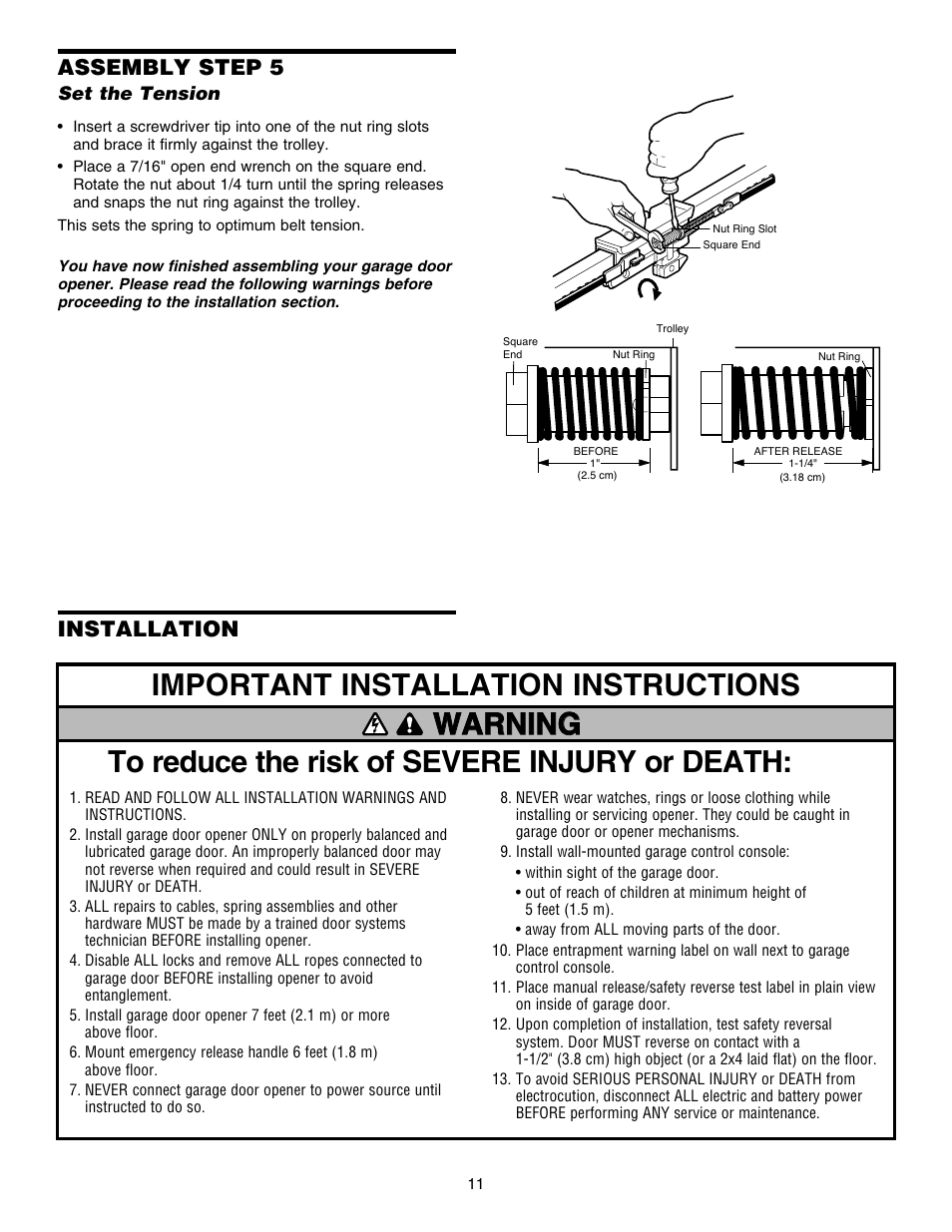 Set the tension, Installation, Installation assembly step 5 | Chamberlain 248754 User Manual | Page 11 / 44