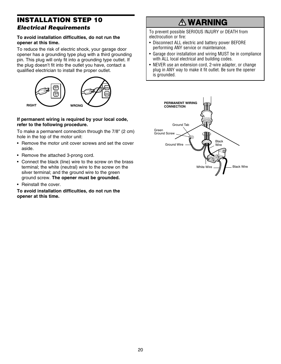 Electrical requirements, Installation step 10 | Chamberlain 248754 User Manual | Page 20 / 44