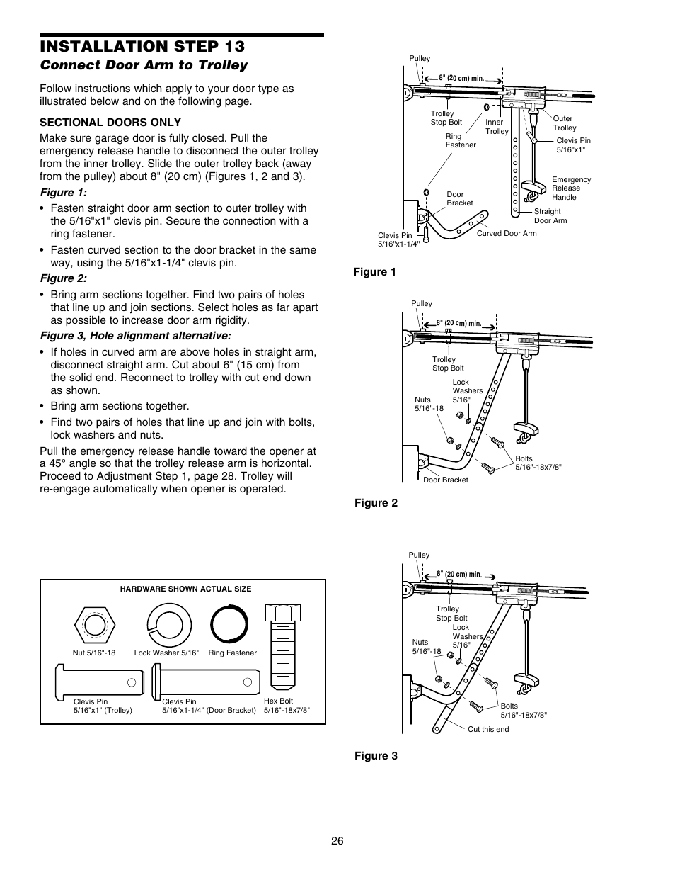 Connect door arm to trolley, Installation step 13 | Chamberlain 248754 User Manual | Page 26 / 44