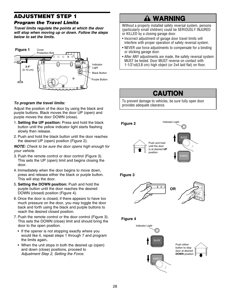 Adjustment, Program the travel limits, Adjustment step 1 | Chamberlain 248754 User Manual | Page 28 / 44