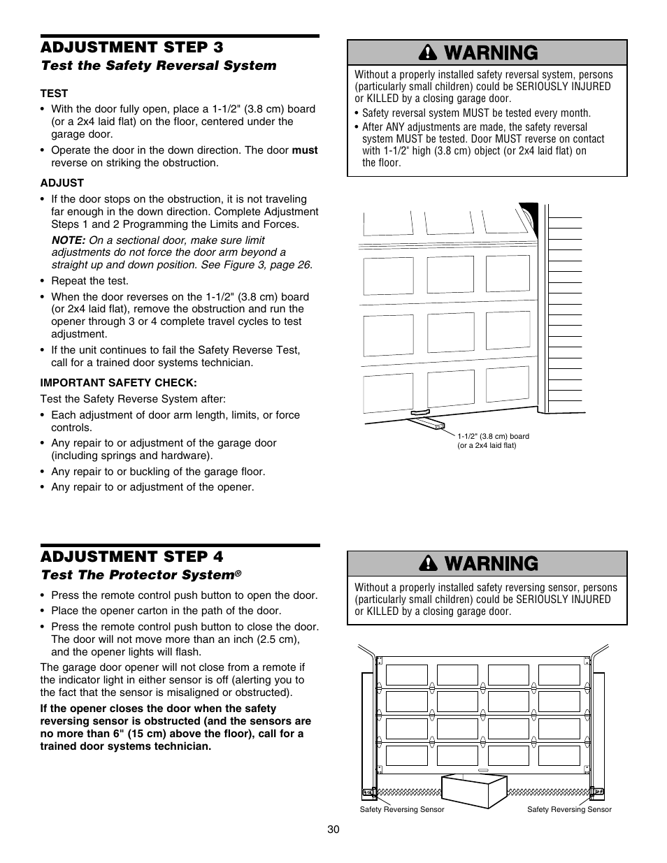 Test the safety reversal system, Test the protector system, Adjustment step 4 | Adjustment step 3 | Chamberlain 248754 User Manual | Page 30 / 44